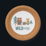 Wild-One-Woodland-Tier-Erstgeburtenpapier-Plat Pappteller<br><div class="desc">Wild One! Waldtiere Geburtstag mit Bär,  Fuchs,  Igel,  Pilzen und Bäumen.</div>