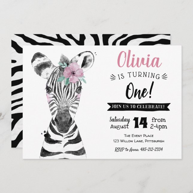 Wild One Zebra | Mädchen Einladung 1. Geburtstag (Vorne/Hinten)