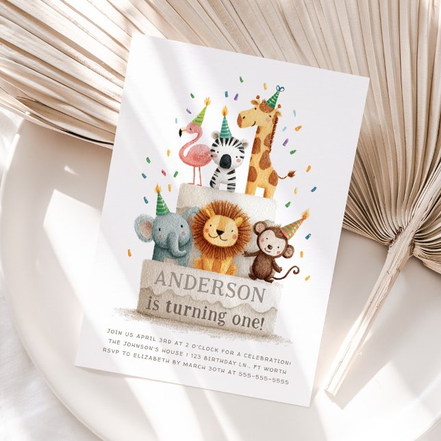 Wild One Zoo Animals Neutral First Birthday Party Einladung (Von Creator hochgeladen)