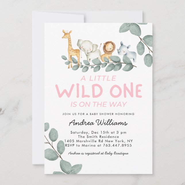 Wild-One-Zoo-Tiere Girl-Baby-Dusche Einladung (Vorderseite)