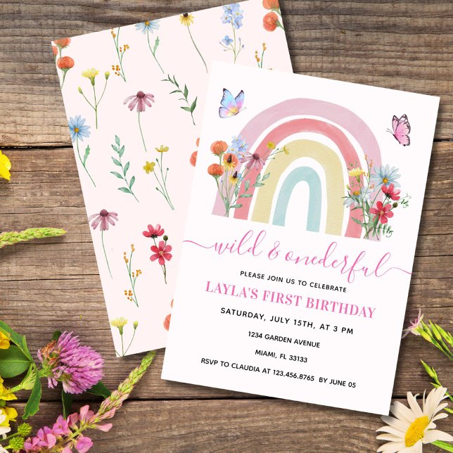 Wild & Onederful Wildblume Rainbow 1. Geburtstag Einladung (Elegant rainbow wildflower 1st birthday invite with butterflies for baby girl, editable text.)