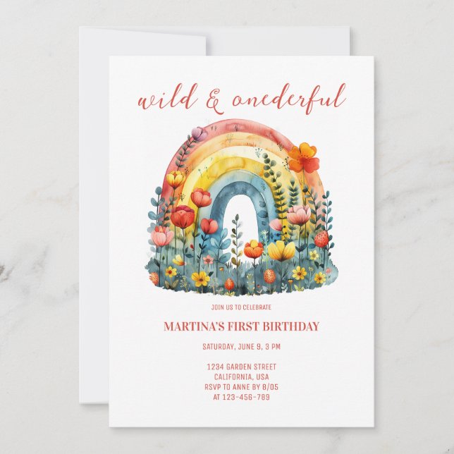 Wild & Onederful Wildblume Rainbow Birthday Einladung (Vorderseite)