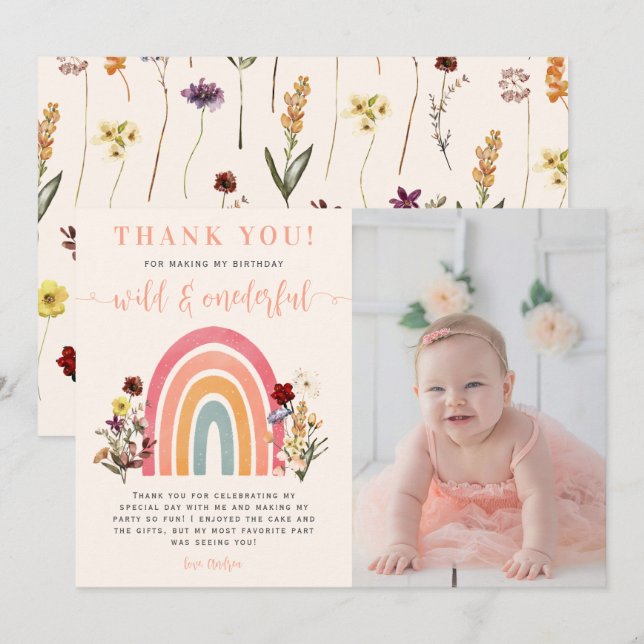 Wild Onederful Wildblume Rainbow Birthday Foto Dankeskarte (Vorne/Hinten)