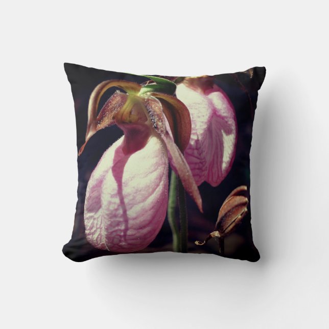 Wild Pink Lady Slipper Orchid Pair Nah Kissen (Vorderseite)