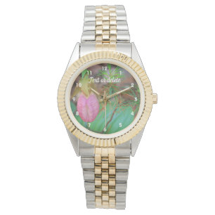 Wild-Pink-Lady Slipper Orchid und Evergreens Armbanduhr