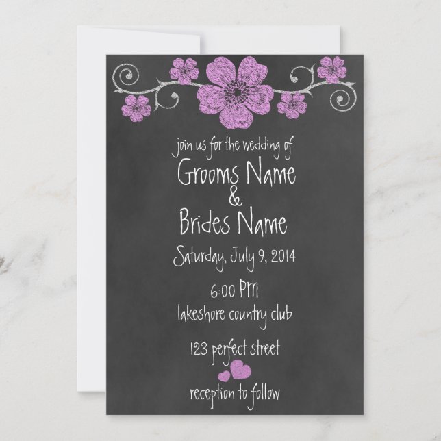 Wild Pink Roses Chalkboard Hochzeit Einladung (Vorderseite)