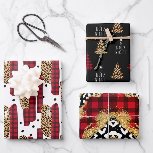 Wild Red Buffalo Kariert Leopard Weihnachten Geschenkpapier Set (Vorderseite)