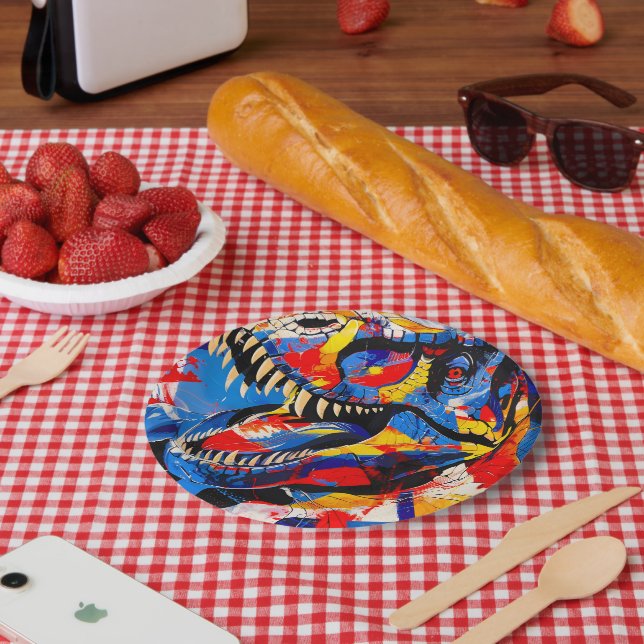 Wild Retro T-rex Dinosaur Fusion Pappteller (Picknick)
