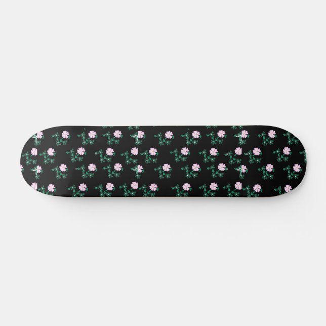Wild Rose - Floral Pattern on Black Background Skateboard (Horizontal)