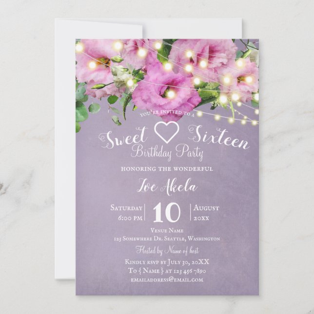 Wild Rose Garden | Lilac Sweet 16 Birthday Party Einladung (Vorderseite)