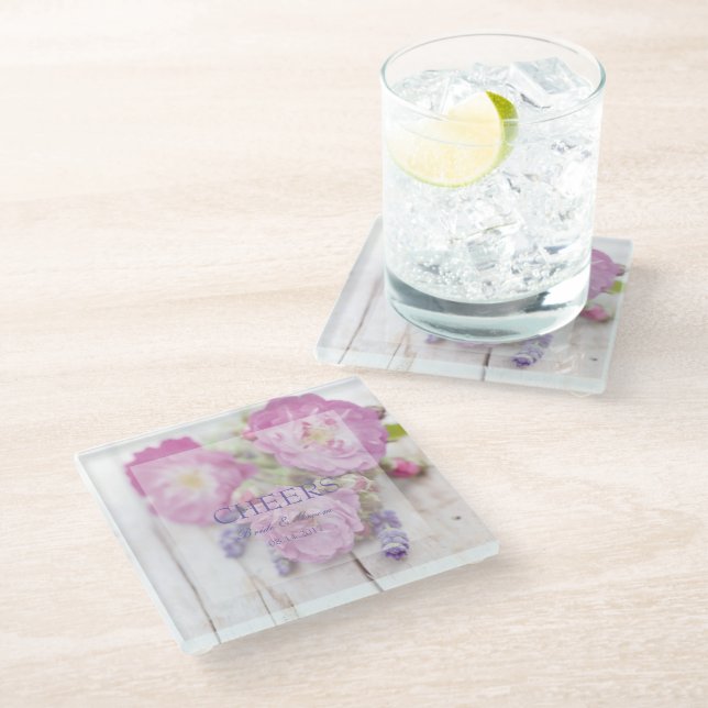 Wild Rose & Lavender Summer Wedding Cheers Glasuntersetzer (Schrägansicht)