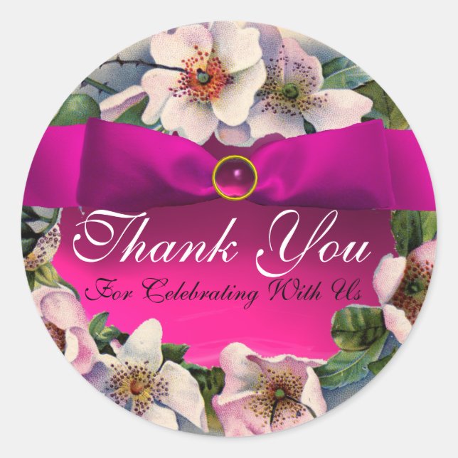 WILD ROSE MIT PINK RIBBON ,Vielen Dank Runder Aufkleber (Vorderseite)