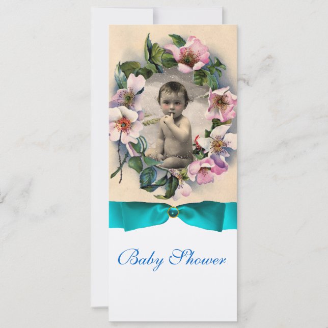 WILD-ROSE UND BLAUES RIBBON-FOTO-VORLAGENMONOGRAMM EINLADUNG (Vorderseite)