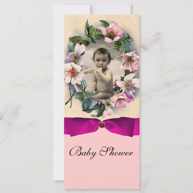 WILD-ROSE UND PINK-RIBBON-FOTO-VORLAGENMONOGRAMM EINLADUNG (Vorderseite)