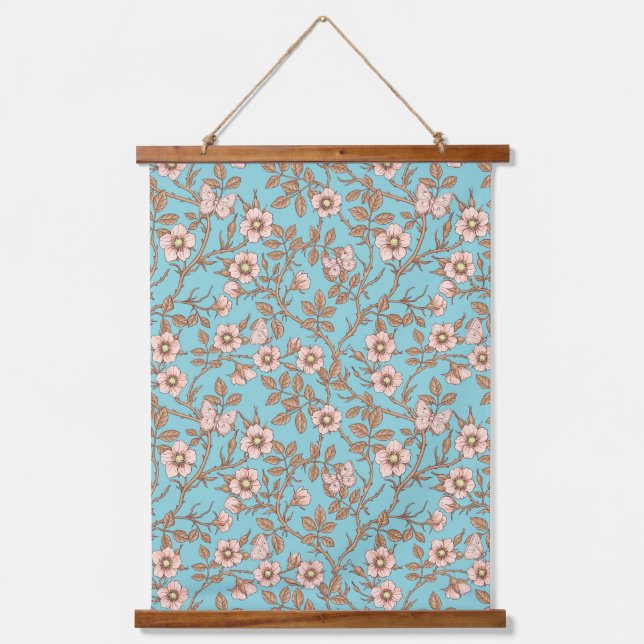 Wild roses and butterflies /pink/brown/pool wandteppich mit holzrahmen (Vorderseite)