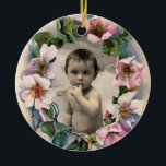 WILD ROSES,PINK GEM BABY SHOWER PHOTO TEMPLATE KERAMIKORNAMENT<br><div class="desc">Elegant monogram and classic floral crown with beautiful pink dog roses, bright fuchsia amethyst gem stone .3D graphics and digital elaboration in vintage style by Bulgan Lumini (c) Easy to customize with your initials and own text as a wedding ceremony announcement, place cards, save-the-date .favors , thank you cards .bridal...</div>