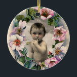 WILD ROSES,PINK GEM BABY SHOWER PHOTO TEMPLATE KERAMIKORNAMENT<br><div class="desc">Elegant monogram and classic floral crown with beautiful pink dog roses, bright fuchsia amethyst gem stone .3D graphics and digital elaboration in vintage style by Bulgan Lumini (c) Easy to customize with your initials and own text as a wedding ceremony announcement, place cards, save-the-date .favors , thank you cards .bridal...</div>