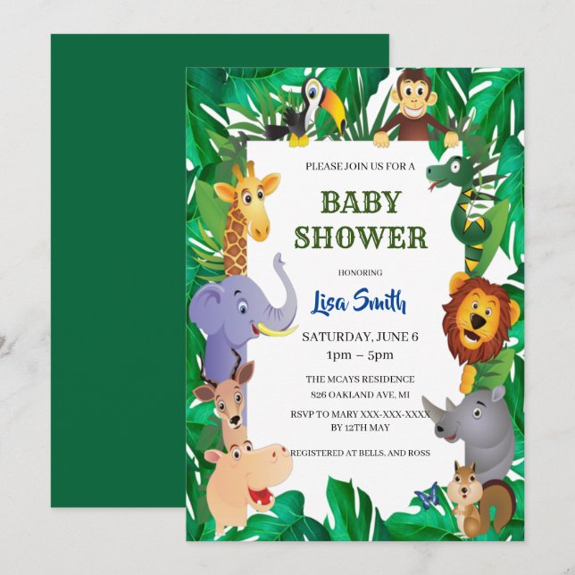 Wild Safari Animal Jungle Baby Shower Einladung (Vorne/Hinten)