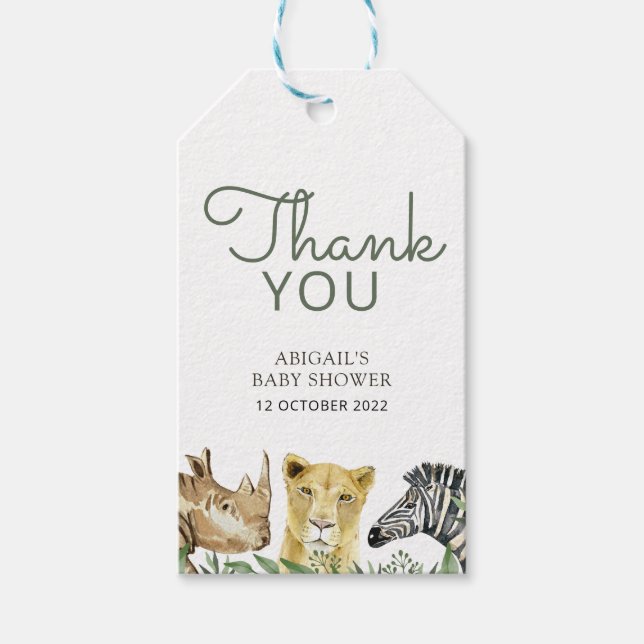Wild Safari Animals Baby Dusche Vielen Dank Geschenkanhänger (Vorderseite)