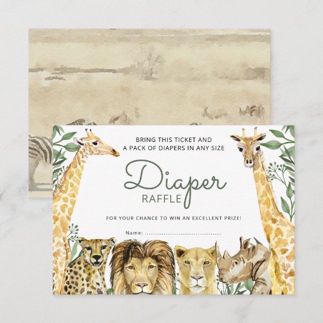 Wild Safari Animals Baby Duwer Diaper Raffle Einladung (Vorne/Hinten)