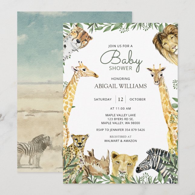 Wild Safari Animals Kinderdusche Einladung (Vorne/Hinten)