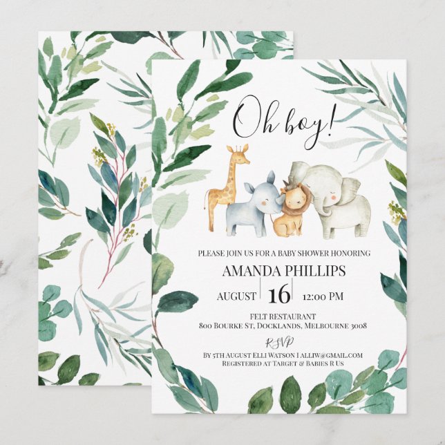Wild Safari Animals Wreath Baby Shower Einladung (Vorne/Hinten)