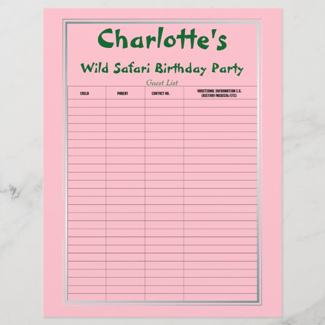 Wild Safari Birthday Party Guest List (Vorderseite)