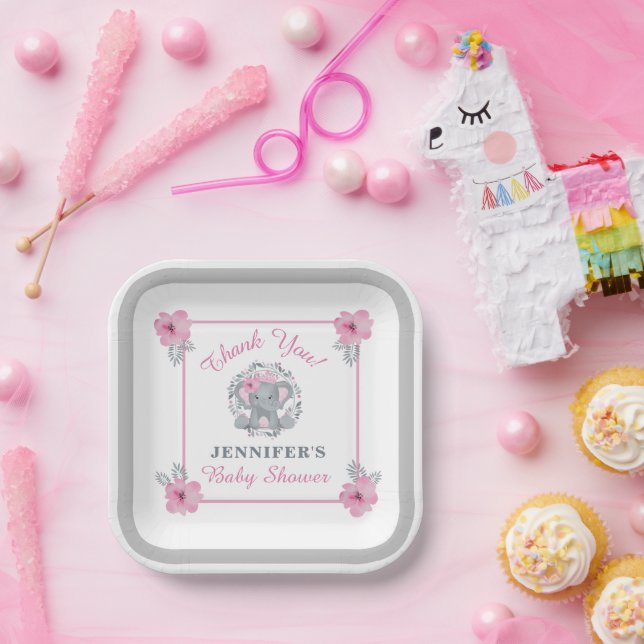 Wild Safari Elephant Pink Floral Baby Dusche Pappteller (Party)