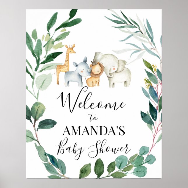 Wild Safari Foliage Wreath Baby Dusche Willkommen Poster (Vorne)