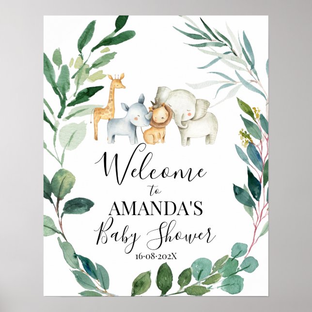 Wild Safari Greenery Wreath Baby Dusche Willkommen Poster (Vorne)