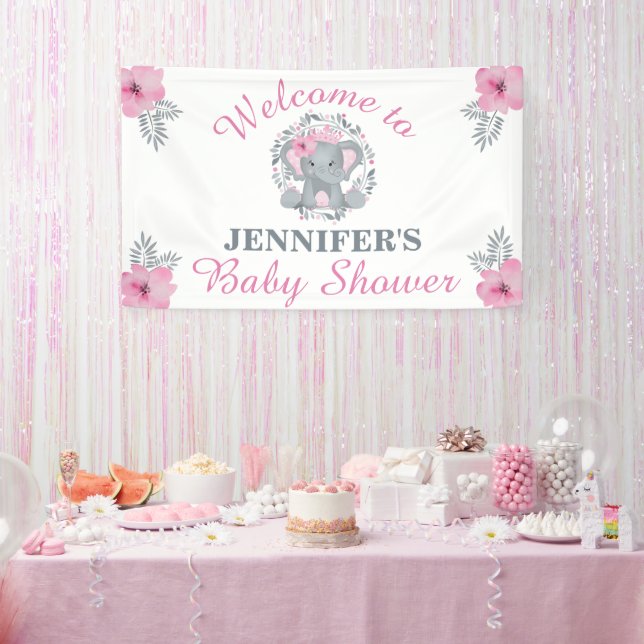 Wild Safari Pink Floral Elephant Baby Dusche Banner (Party)