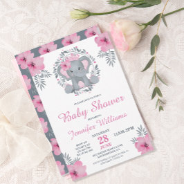 Wild Safari Pink Floral Elephant Baby Dusche Einladung