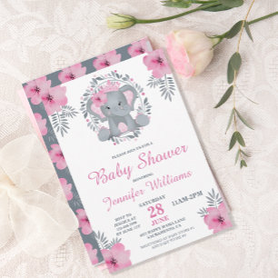 Wild Safari Pink Floral Elephant Baby Dusche Einladung