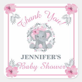 Wild Safari Pink Floral Elephant Baby Dusche Quadratischer Aufkleber