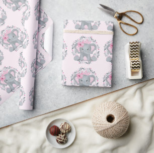 Wild Safari Pink Floral Elephant Baby Dusche Rosa Geschenkpapier