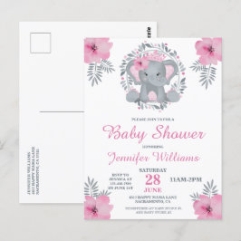 Wild Safari Pink Floral Elephant Baby Shower Invit Postkarte