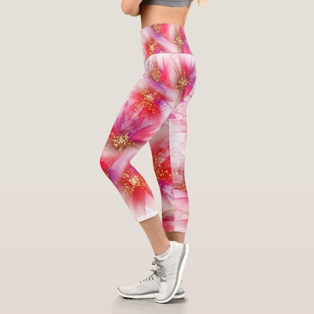 Wild Scarlet Crimson Floral Alcohol Ink Capri Leggings (Links)