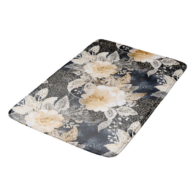 Wild Schwarzer Cream Leopard Tier Floral Badematte (Schrägansicht)