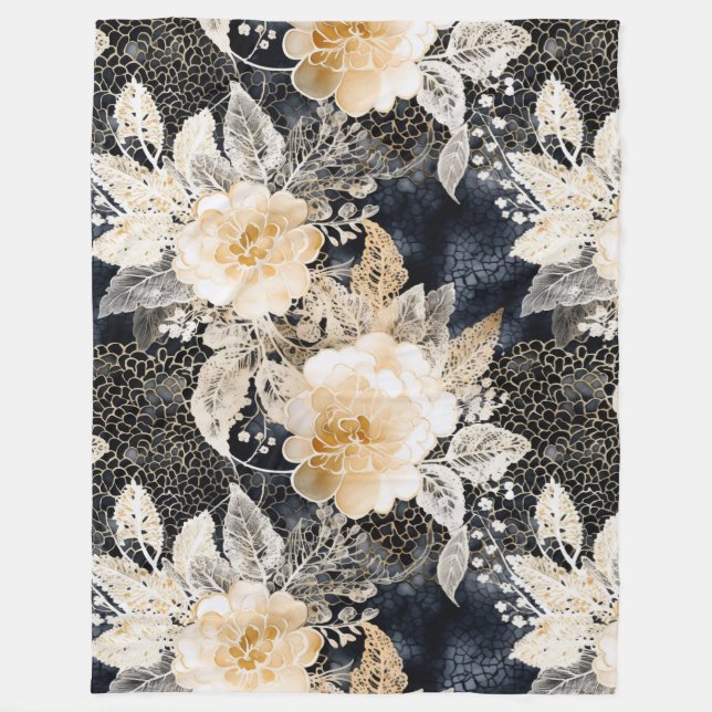 Wild Schwarzer Cream Leopard Tier Floral Fleecedecke (Vorderseite)