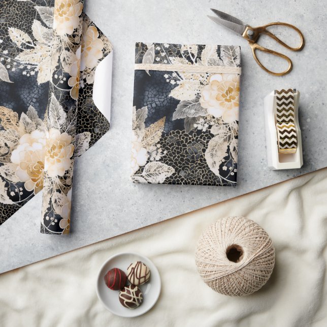 Wild Schwarzer Cream Leopard Tier Floral Geschenkpapier (Kunsthandwerk)