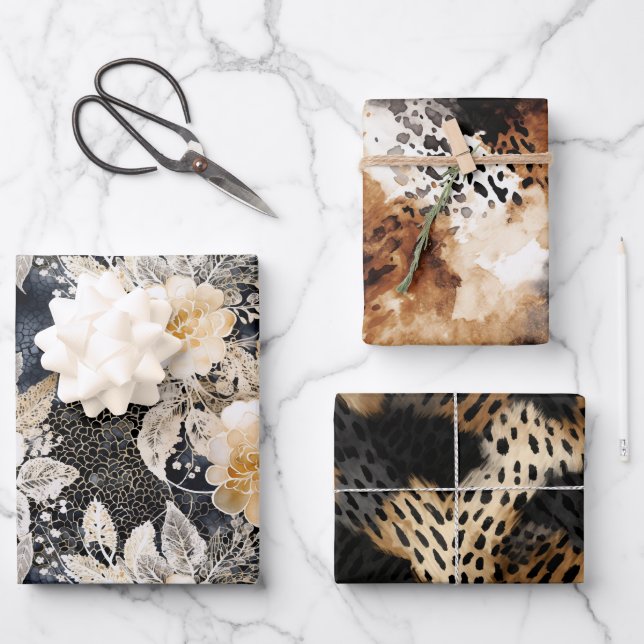 Wild Schwarzer Cream Leopard Tier Floral Geschenkpapier Set (Vorderseite)