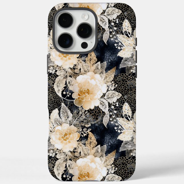 Wild Schwarzer Cream Leopard Tier Floral iPhone 16 Pro Max Hülle (Rückseite)