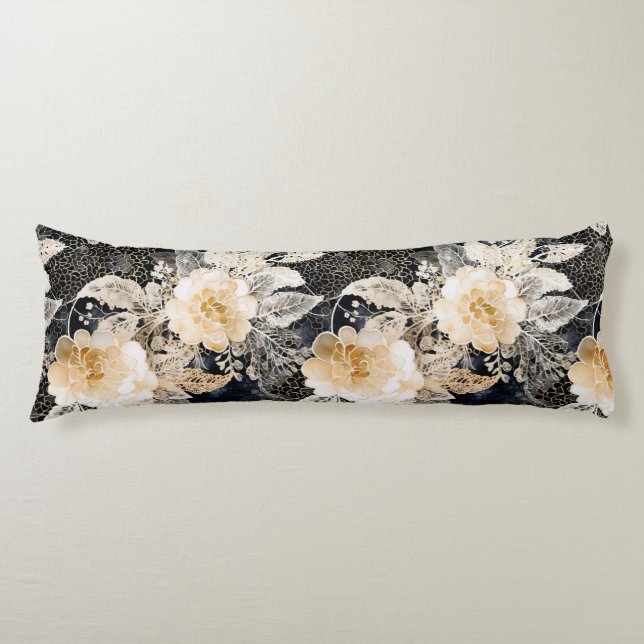 Wild Schwarzer Cream Leopard Tier Floral Seitenschläferkissen (Vorderseite)