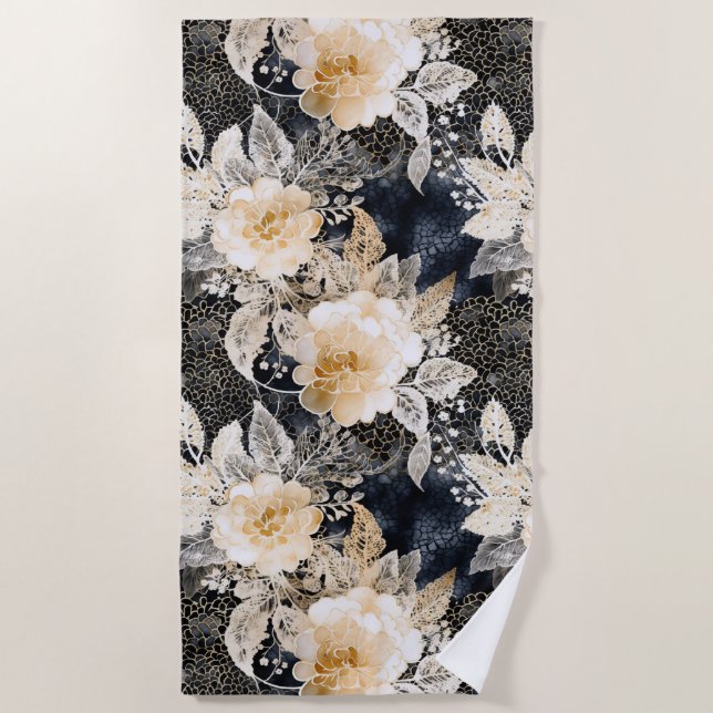 Wild Schwarzer Cream Leopard Tier Floral Strandtuch (Vorderseite)