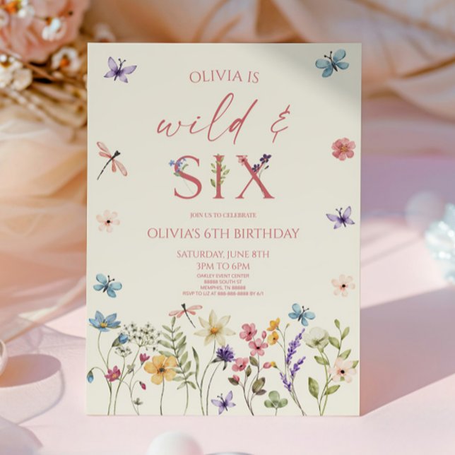 Wild & Six Wildflower Floral 6th Birthday Party Einladung (Von Creator hochgeladen)