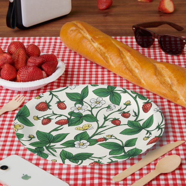 Wild strawberries red/yellow/green/off white pappteller (Picknick)