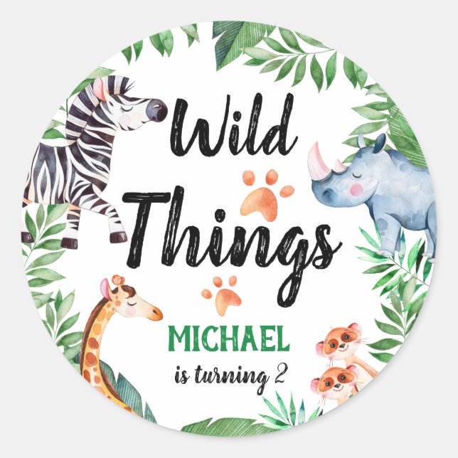Wild Things Safari Animal Kindergeburtstag Party Runder Aufkleber (Vorderseite)