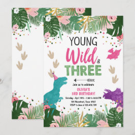 Wild Three Dino Party Girl Pink Dinosaur Geburtsta Einladung