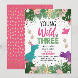 Wild Three Dino Party Girl Pink Dinosaur Geburtsta Einladung