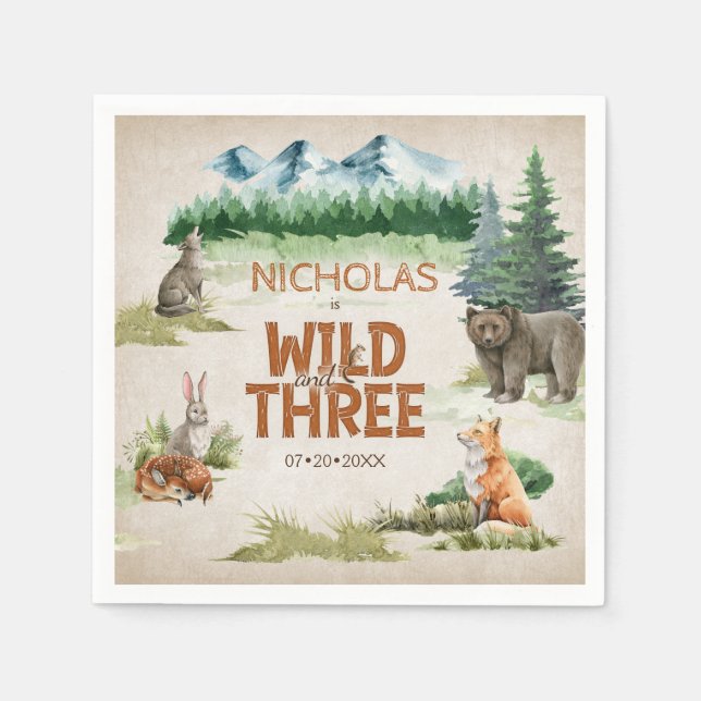 Wild Three Woodland Animal 3. Geburtstag Party Serviette (Vorderseite)